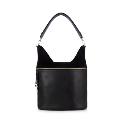 Black snakeskin-effect large zip pocket shoulder bag